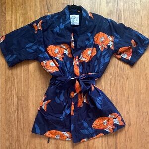 NEW California Cowboy La Sirena Navy and Orange Fish Print Kimono Robe